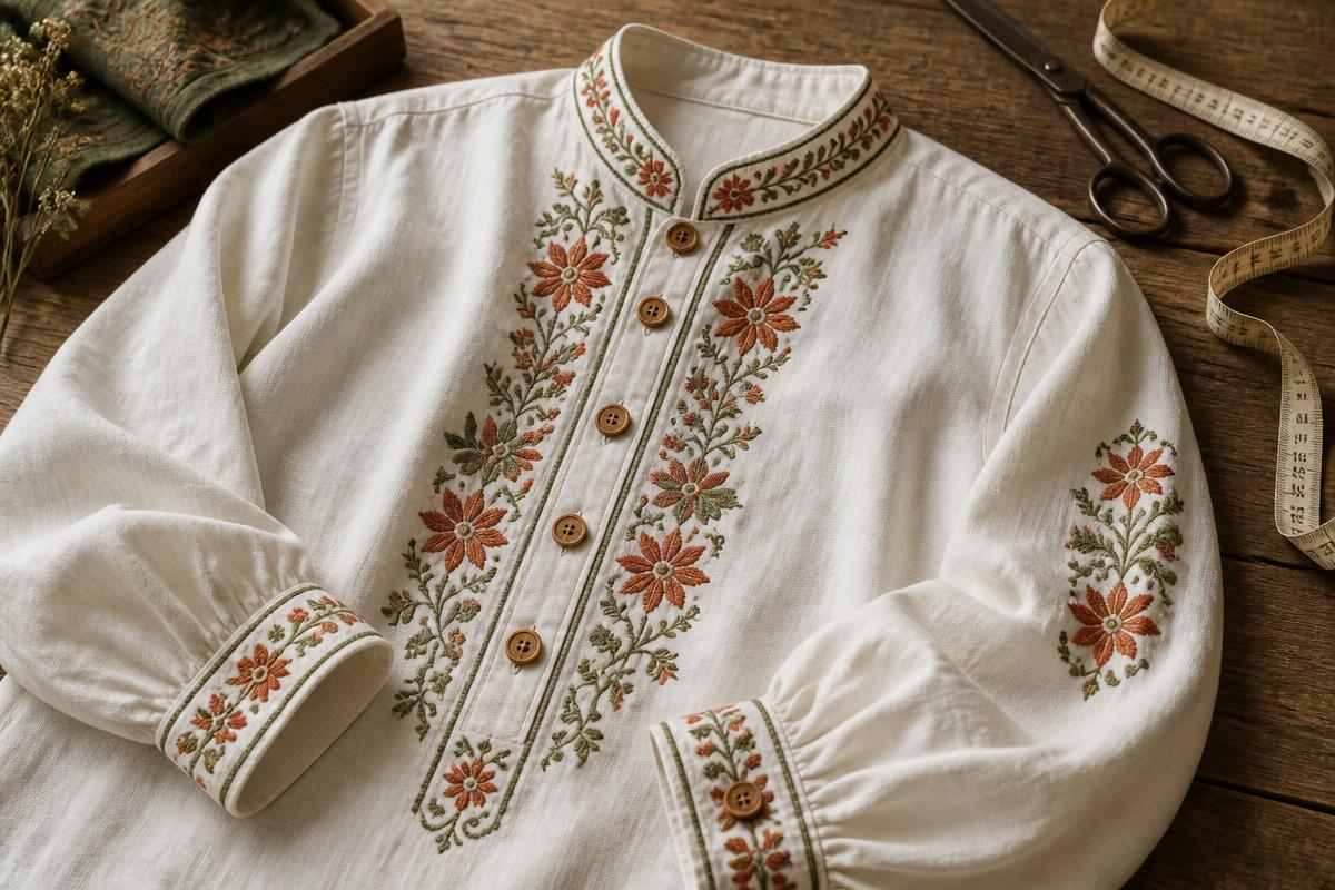 Camisa folclórica branca com bordados em terracota e sálvia